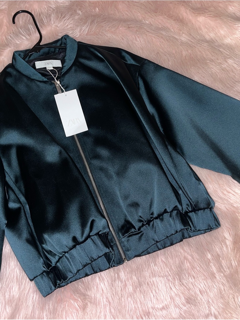 Zara Satin Bomber Jacket in Deep Teal Green
